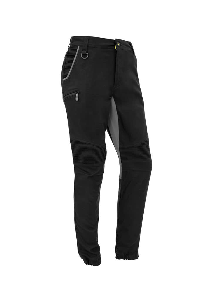 Men's cuffed stretch pants in black, featuring side pockets and a modern design, with a logo on the fabric.