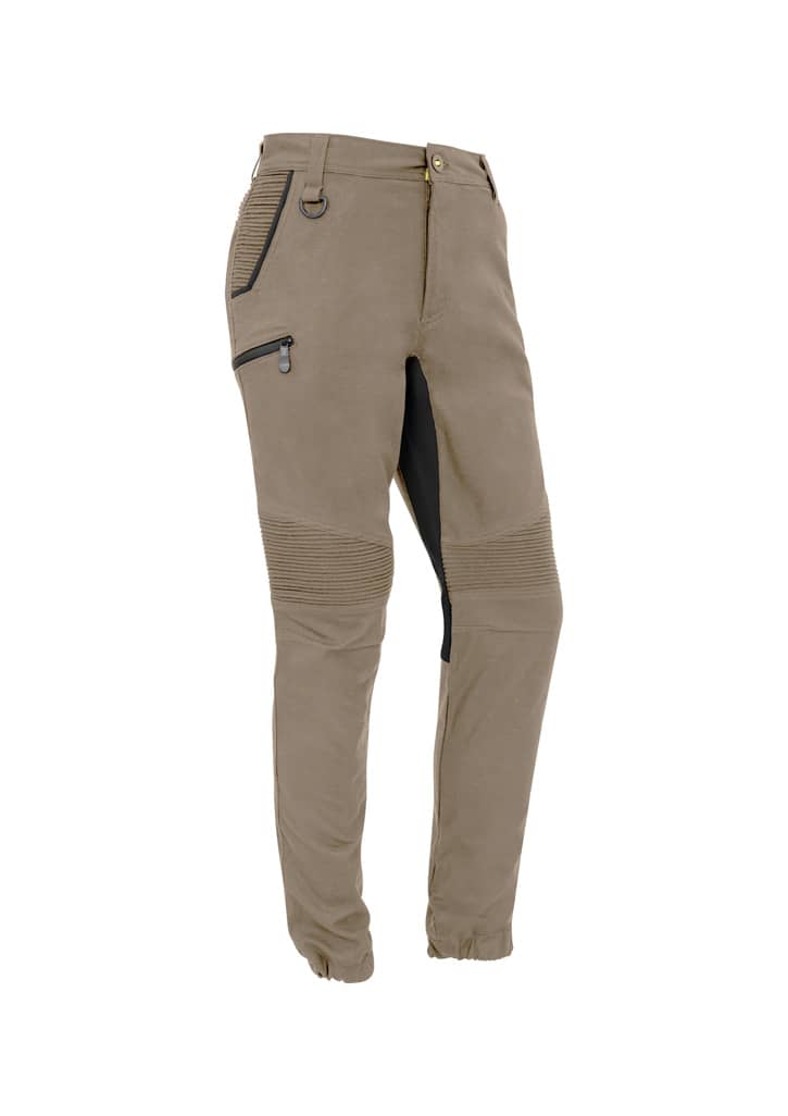 Men's cuffed stretch pants in olive green with zip pockets and a slim fit design. Features a logo on the waistband.