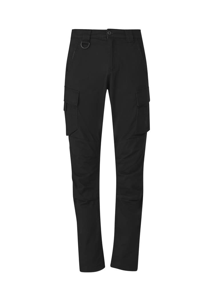Men's cargo pants in black with multiple pockets and a fitted design, featuring a branding logo.