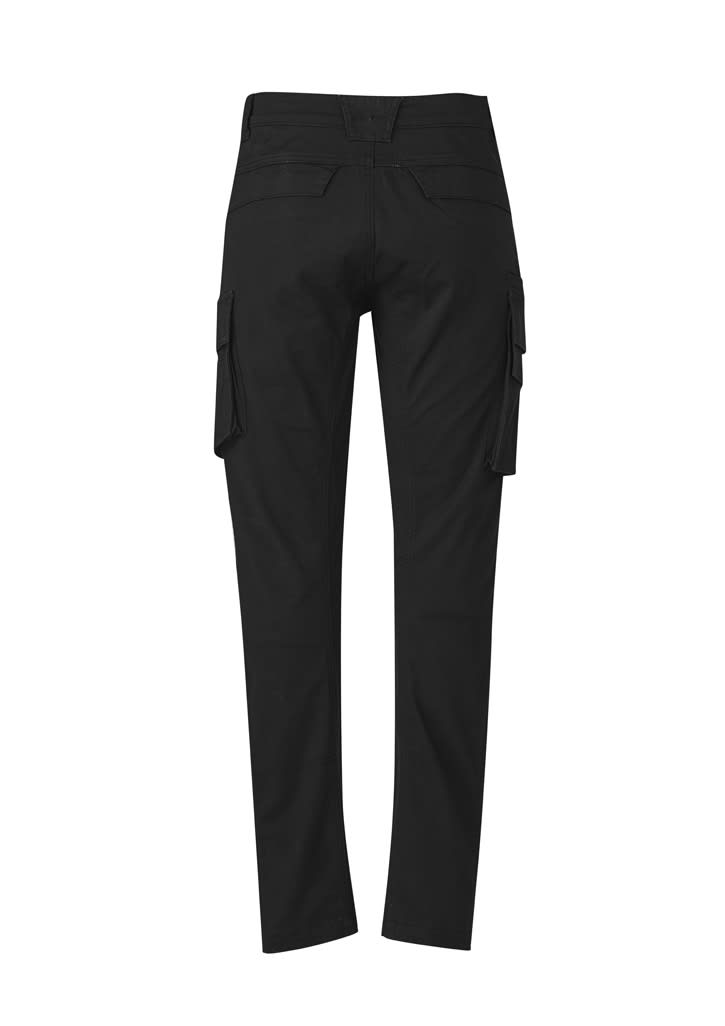 A pair of black men's cargo pants with curved design and side pockets, featuring a stylish and functional look.