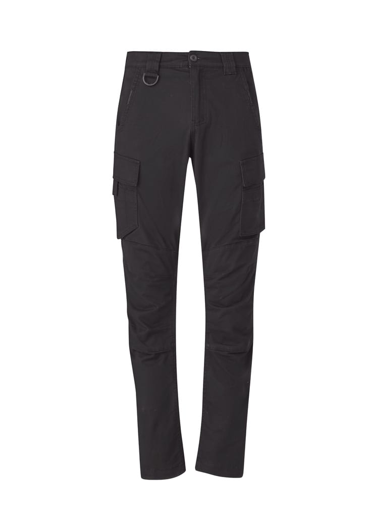 A pair of black cargo pants with curved design and multiple pockets, featuring a branding logo.