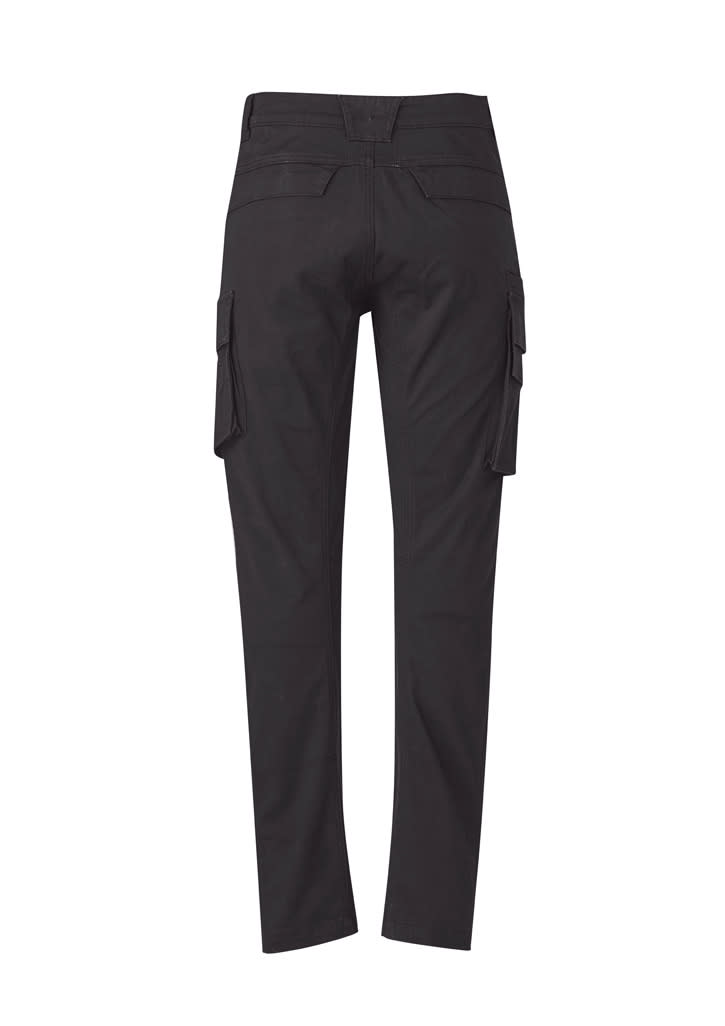 Black cargo pants featuring curved design and multiple side pockets, with a logo visible on the back.