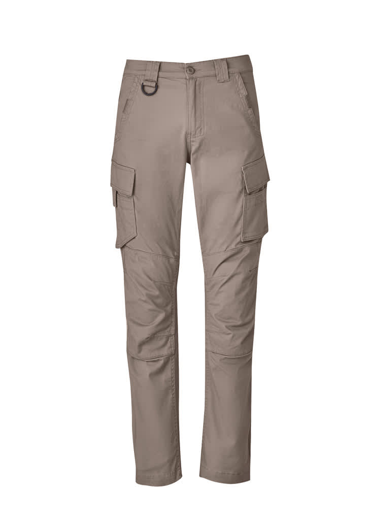 Curved cargo pants in a beige colour, featuring multiple pockets and a looping strap. Includes a branding logo.