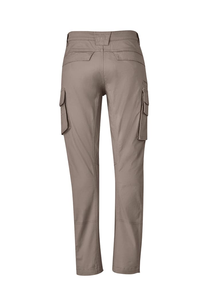 Curved cargo pants in a beige colour, featuring side pockets and a branded logo.