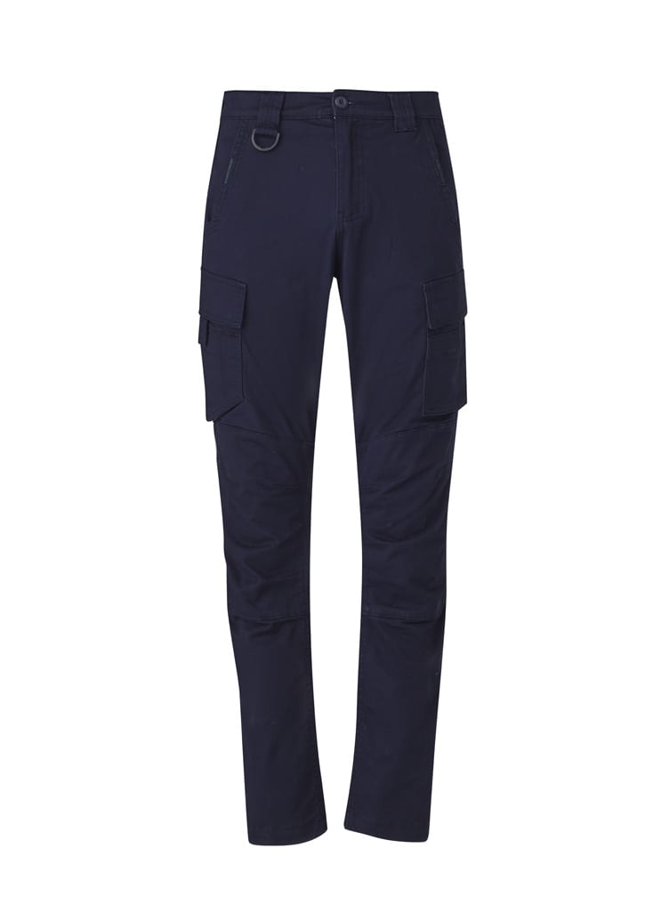 A pair of men's curved cargo pants in navy blue, featuring multiple pockets and a logo.