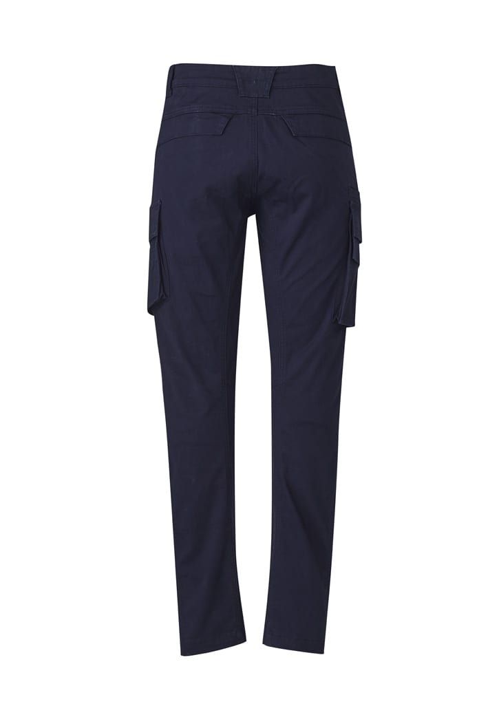 Curved cargo pants in navy blue with side pockets and a fitted style. The back view highlights the sleek design.