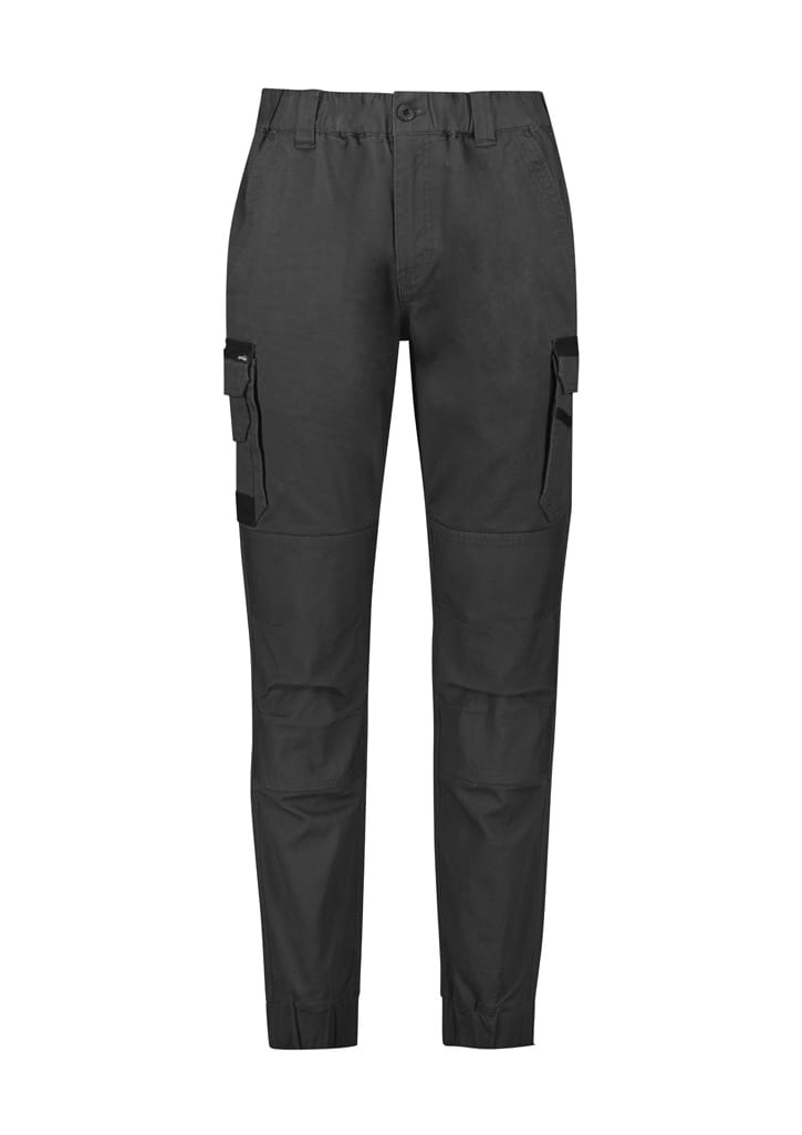 Men's cuffed work pants in dark grey, featuring side pockets and a sleek design. Includes a logo.