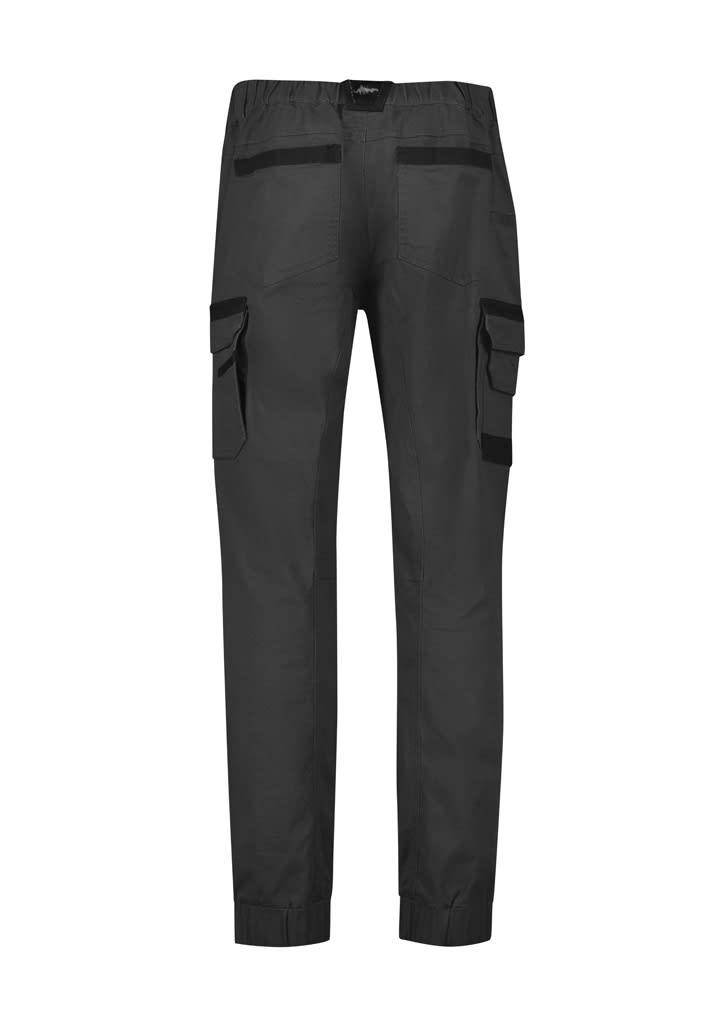 Black cuffed work pants featuring multiple side pockets and an elasticised waistband. Includes a logo on the back.