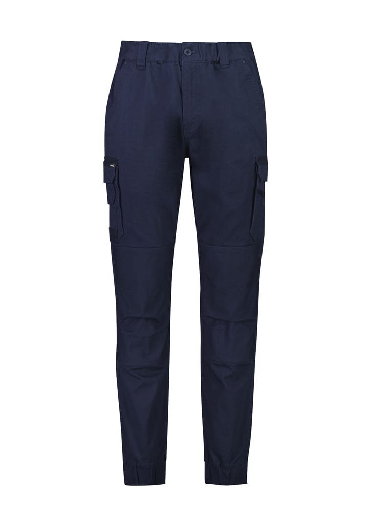 Navy cuffed work pants featuring cargo pockets and a waistband. Includes a logo branding element.