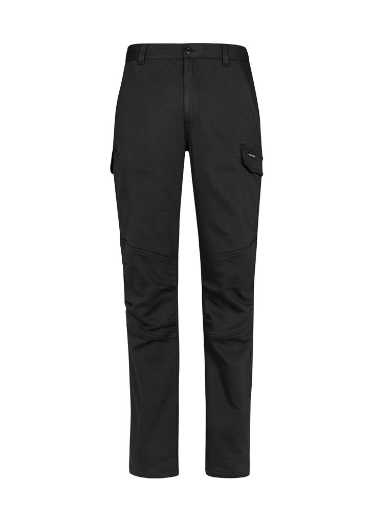 A pair of black work pants featuring cargo pockets and a branded logo.