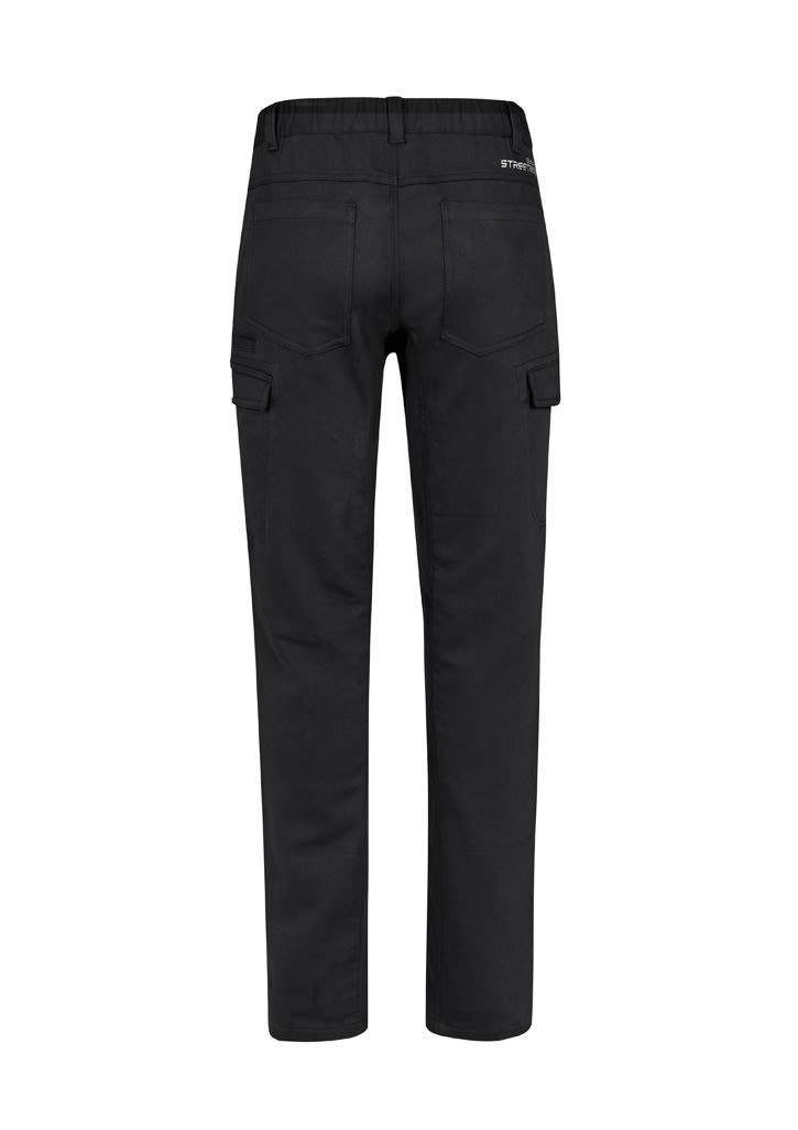 Black work pants featuring a cargo style with multiple pockets and an elastic waistband. Includes branding on the back.