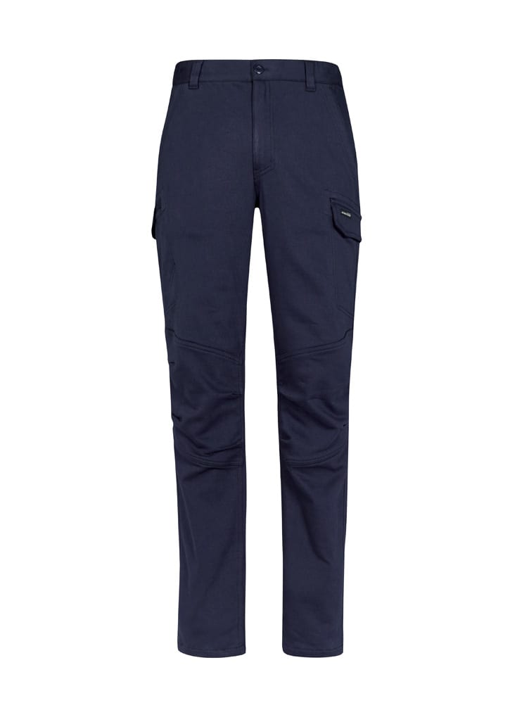 Navy work pants featuring cargo pockets and a fitted design, showcasing a logo on the front.