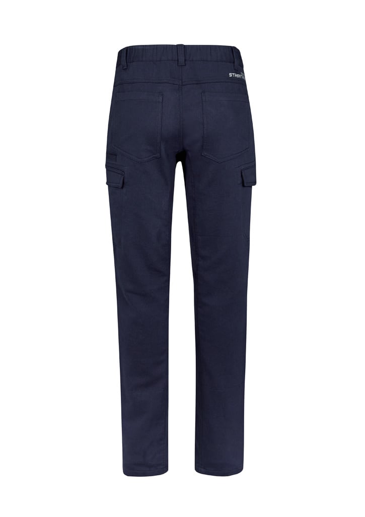 Navy work pants featuring a back view, with cargo pockets and an elastic waistband. Includes a logo on the rear.