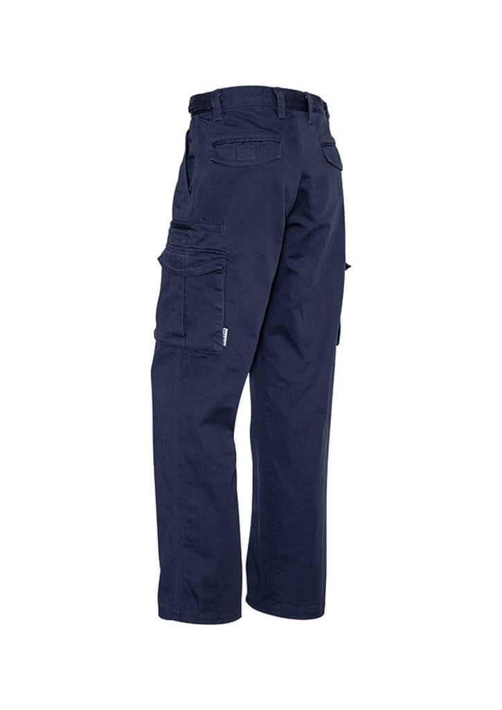 Navy blue men's cargo pants featuring side and back pockets, with a logo present on the garment.