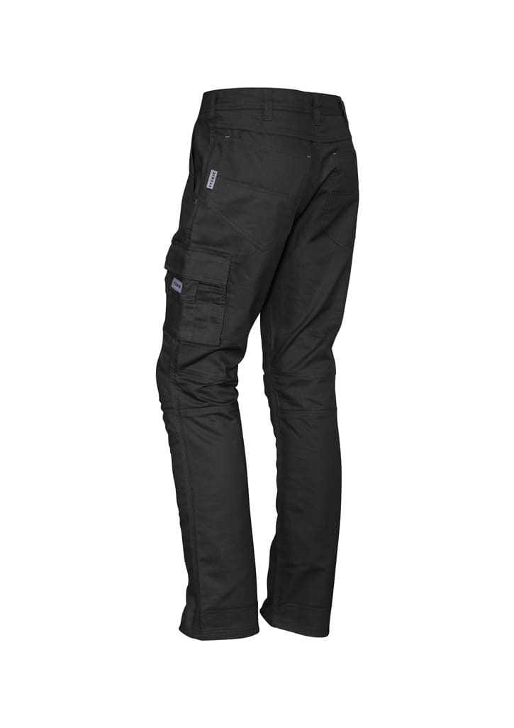 Black cargo pants featuring multiple pockets and a rugged design. The pants are styled for a relaxed fit.