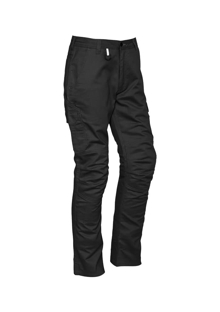 Men's rugged cargo pants in black, featuring multiple pockets and a sleek design, with a logo on the waistband.