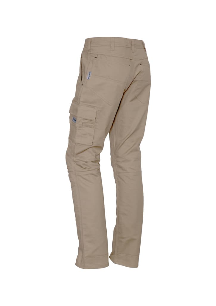 Men's rugged cargo pants in a light beige colour, featuring multiple pockets and a fitted design. Includes a logo.