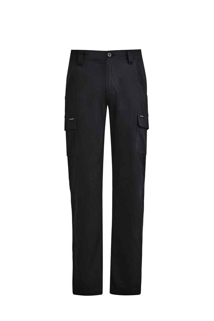 Men's lightweight drill cargo pants in black with multiple side pockets and a logo tag.