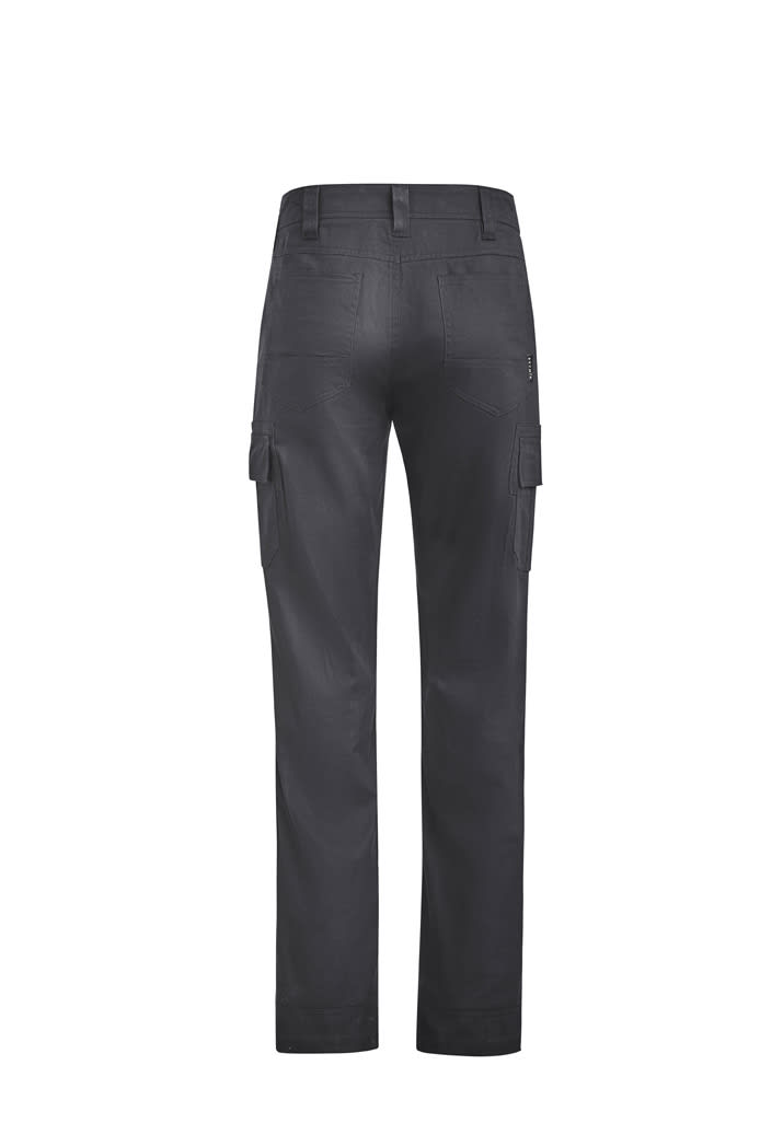 A pair of men's lightweight drill cargo pants in black, featuring side cargo pockets and a fitted design.