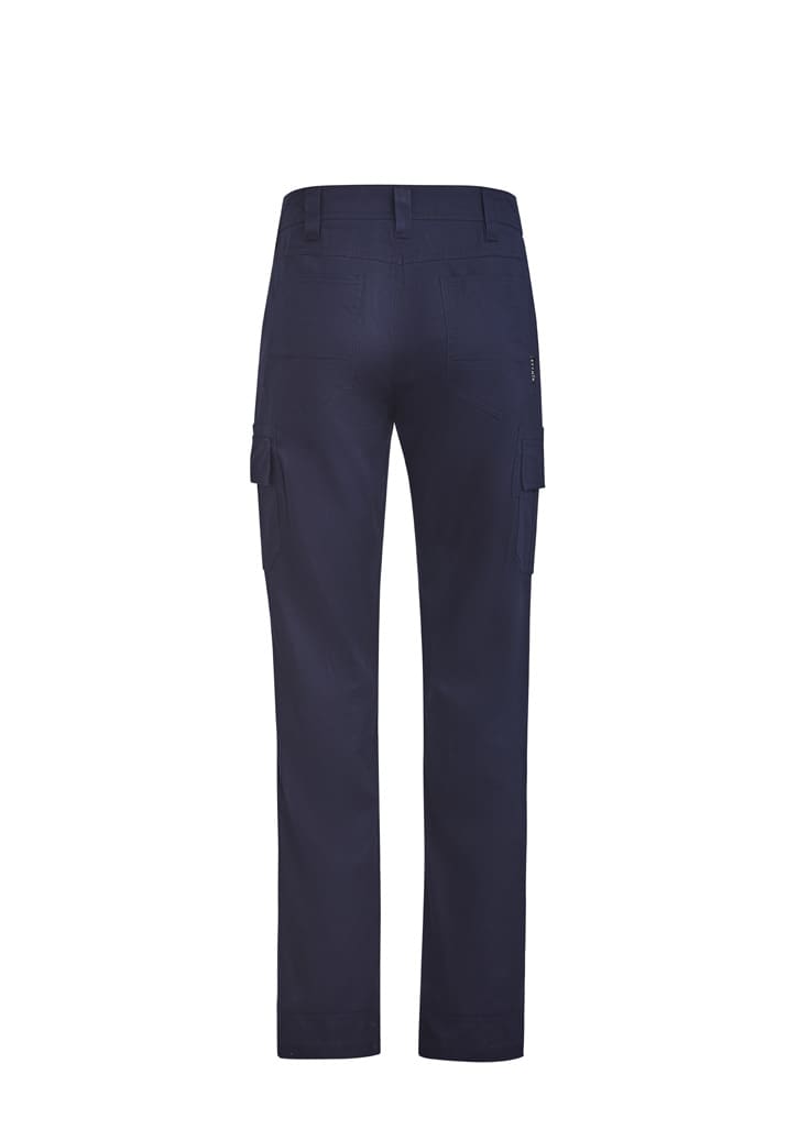Men’s lightweight drill cargo pants in navy, featuring multiple pockets and a logo on the back.