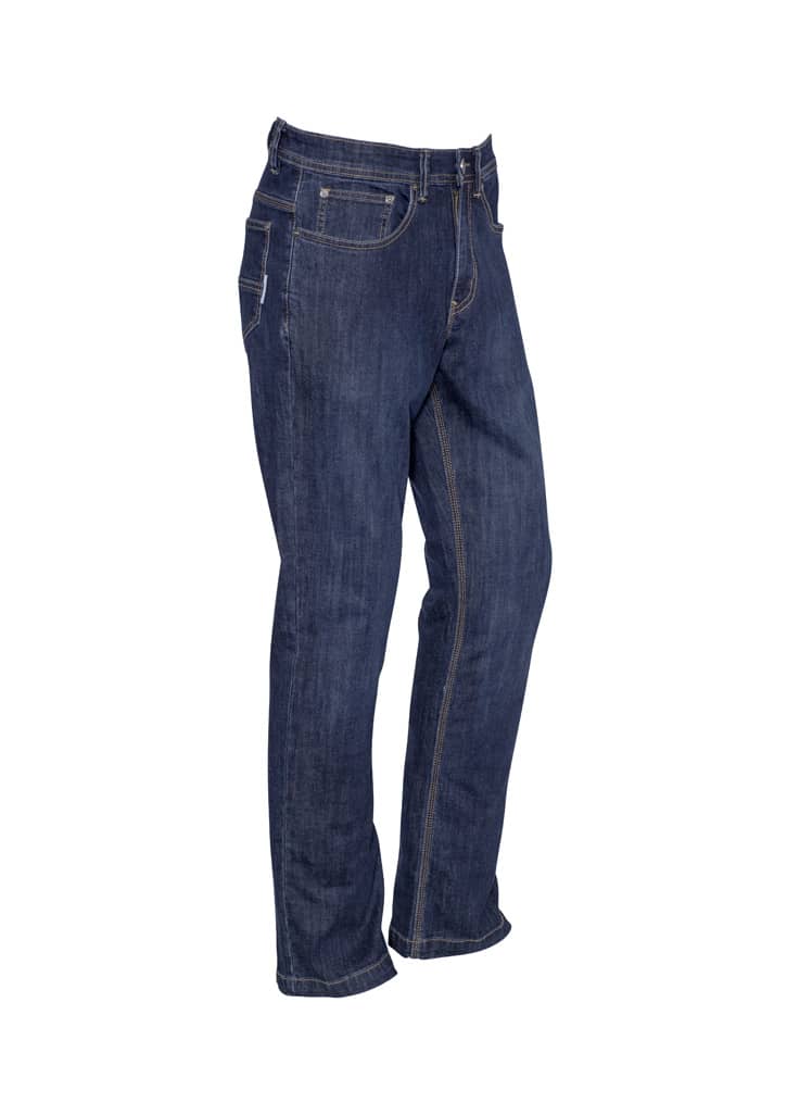 Men’s stretch denim work jeans in a dark blue hue, featuring a classic five-pocket design and a small logo.