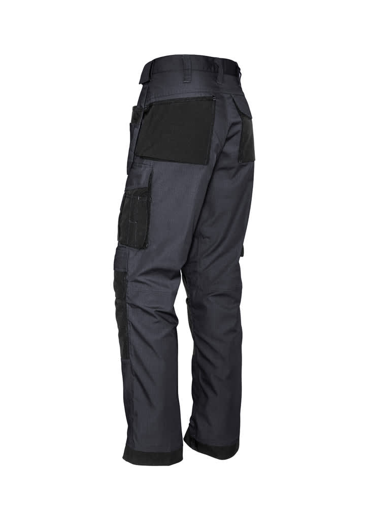 A pair of dark grey multi-pocket work pants with various pockets and a black panel on the back.