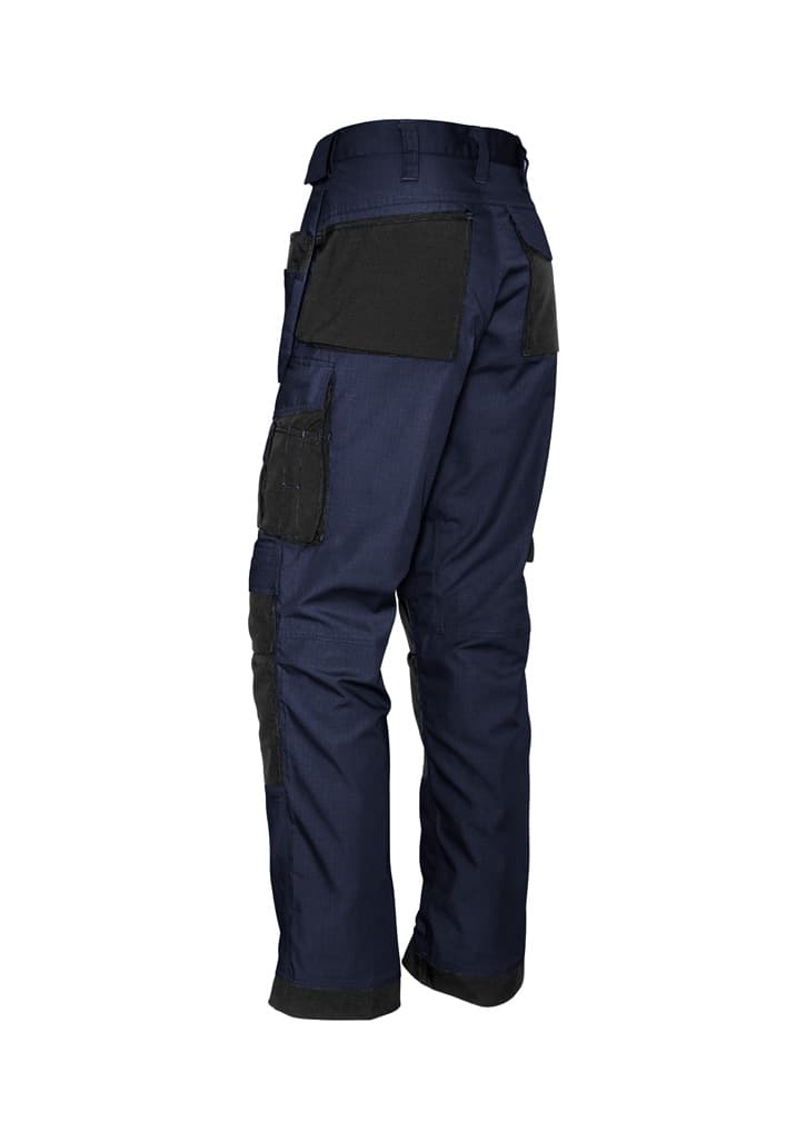 Navy multi-pocket work pants featuring a durable design and various pockets, with black detailing on the back.