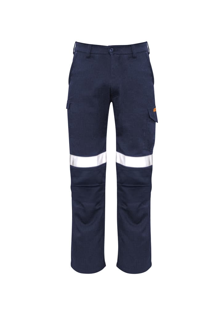 Navy cargo pants featuring reflective stripes and side pockets, with an orange logo on the side.