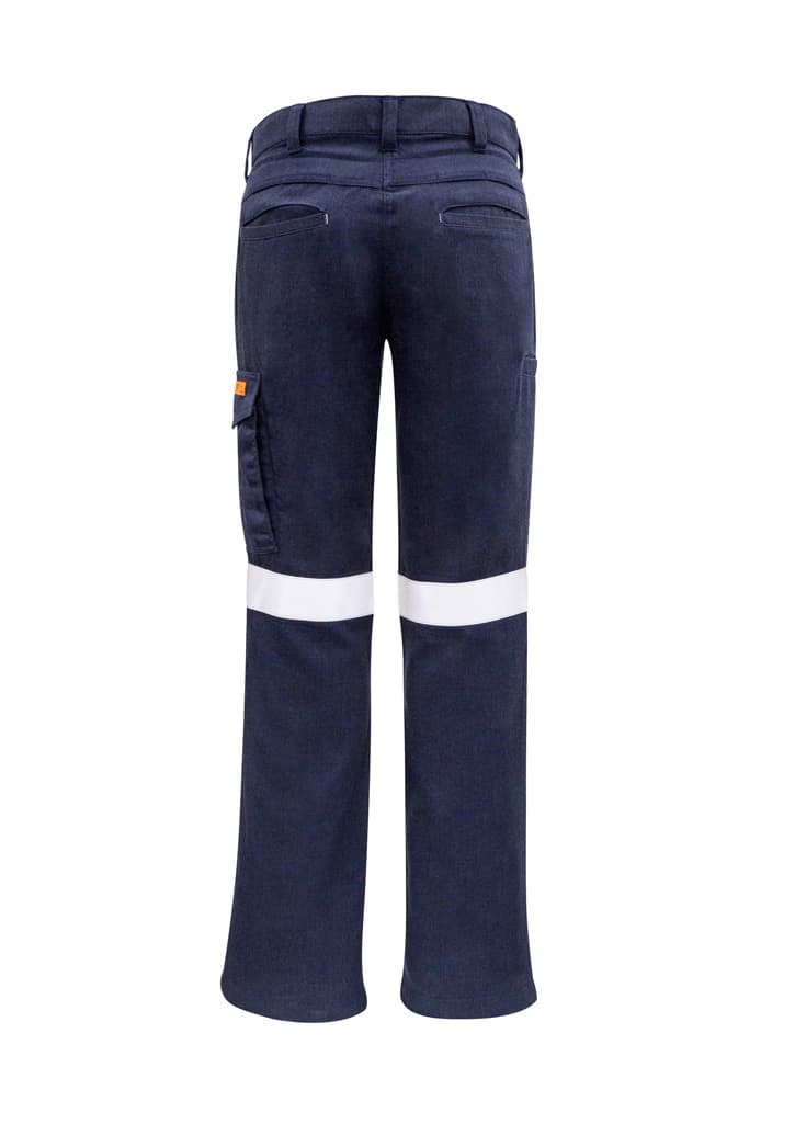 A pair of women's cargo pants in orange and navy, featuring white taped detailing and a logo.