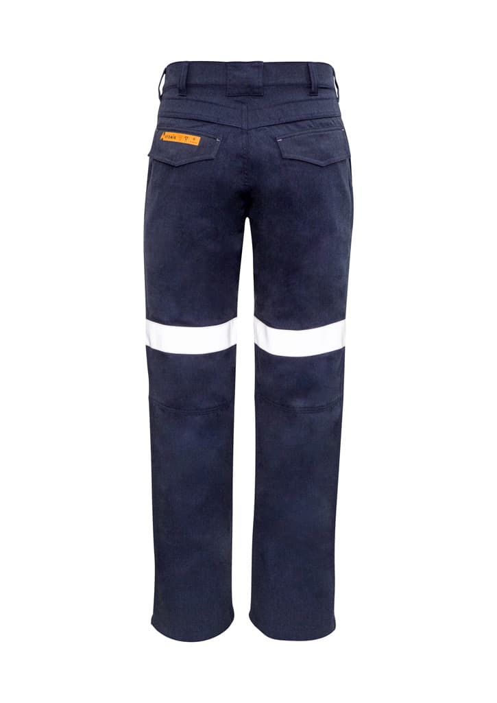 A pair of navy blue work pants featuring white reflective tape and a branded tag.