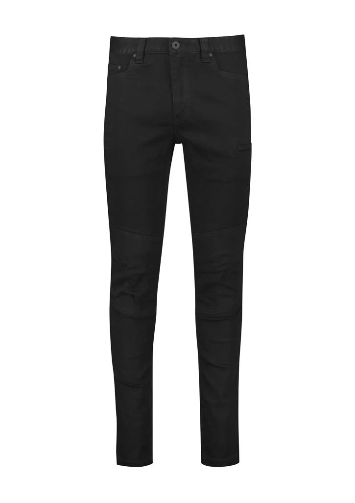 A pair of black stretch jeans with a fitted design and multiple pockets, featuring a logo on the waistband.