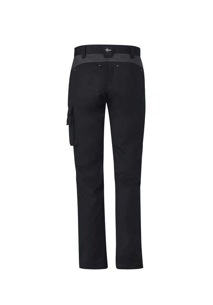 Black work pants with a cargo pocket, featuring a logo on the back. Ideal for tough outdoor tasks.