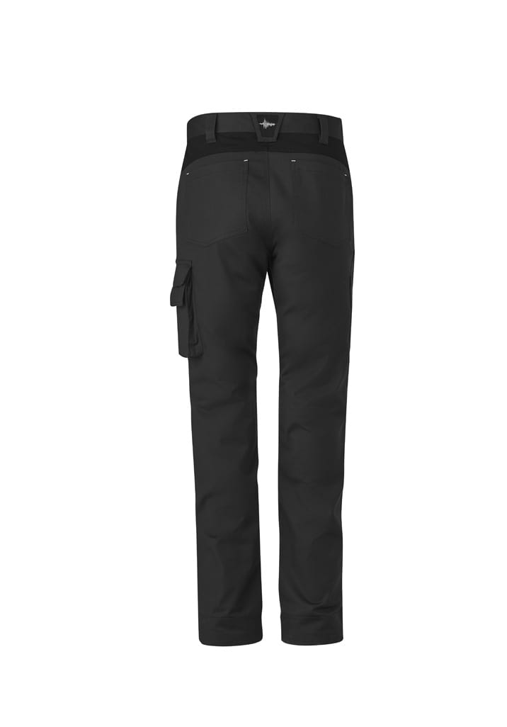 A pair of black work pants featuring a cargo pocket and a waistband. The pants have a sleek, durable design.