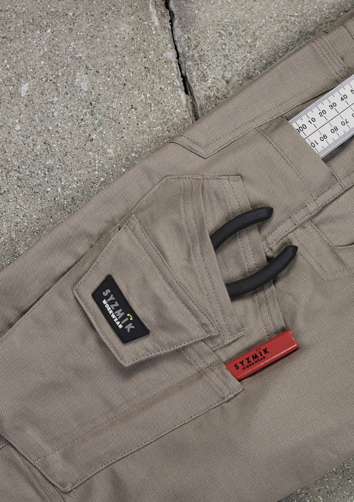 A pair of men's rugged cooling stretch cargo pants in khaki, featuring a pocket for tools and a logo.
