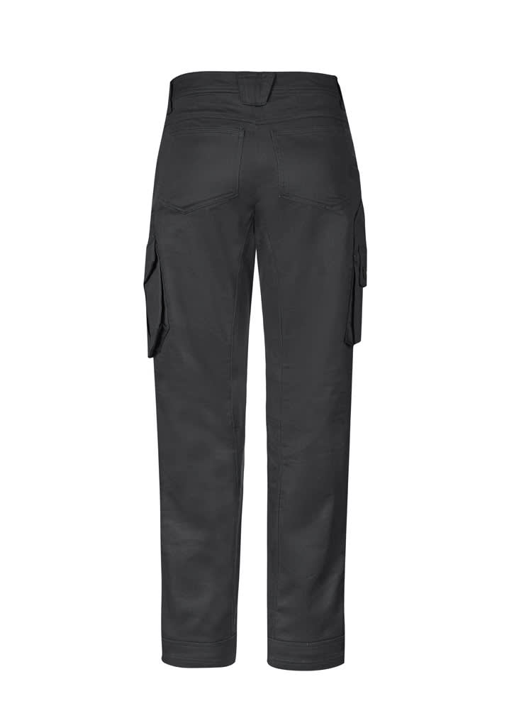 A pair of men's cargo pants in dark grey, featuring side pockets and a back pocket, with a logo visible.