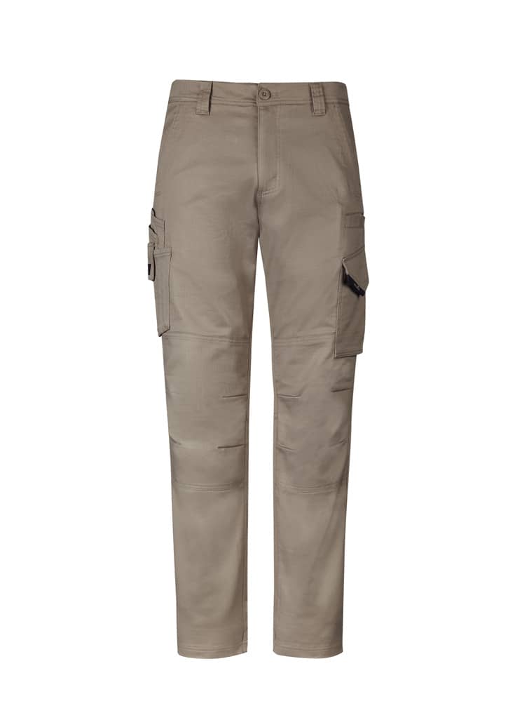 Men's rugged cargo pants in a light khaki colour, featuring multiple pockets and a comfortable stretch design.
