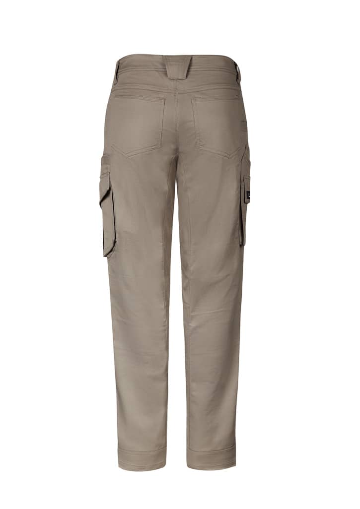 Men's rugged cargo pants in a light khaki colour, featuring multiple pockets and a branded logo.