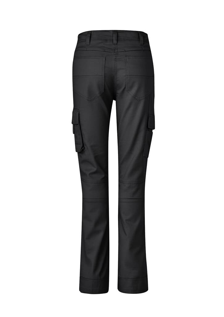 Black women's rugged cargo pants featuring multiple side pockets and a fitted design. Back view displayed.