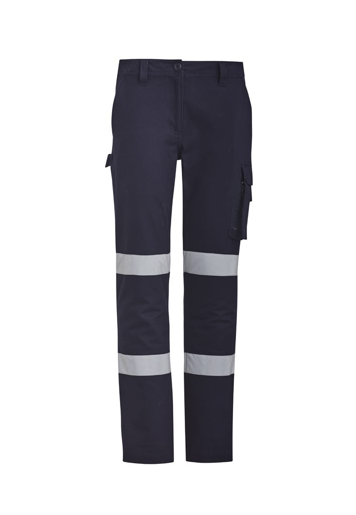 Navy work pants featuring reflective stripes, side pockets, and a logo. Ideal for safety-conscious workwear.