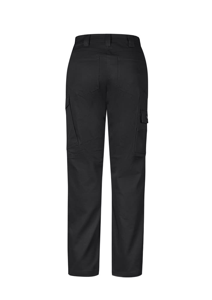 A pair of women's black cargo pants featuring multiple pockets and a snug fit. The design includes a logo.