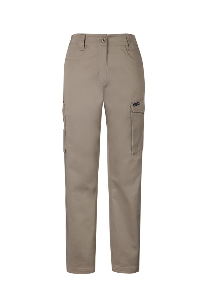Khaki women's essential basic stretch cargo pants with multiple pockets and a logo branding on the side.