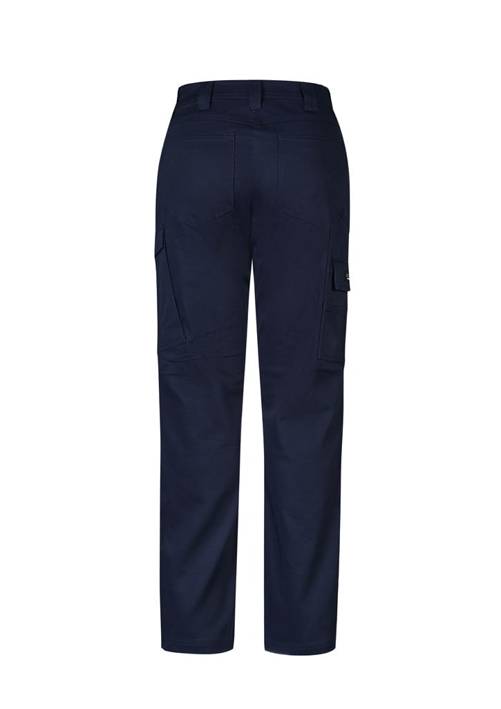 A pair of navy women's cargo pants featuring multiple pockets and a logo on the back.