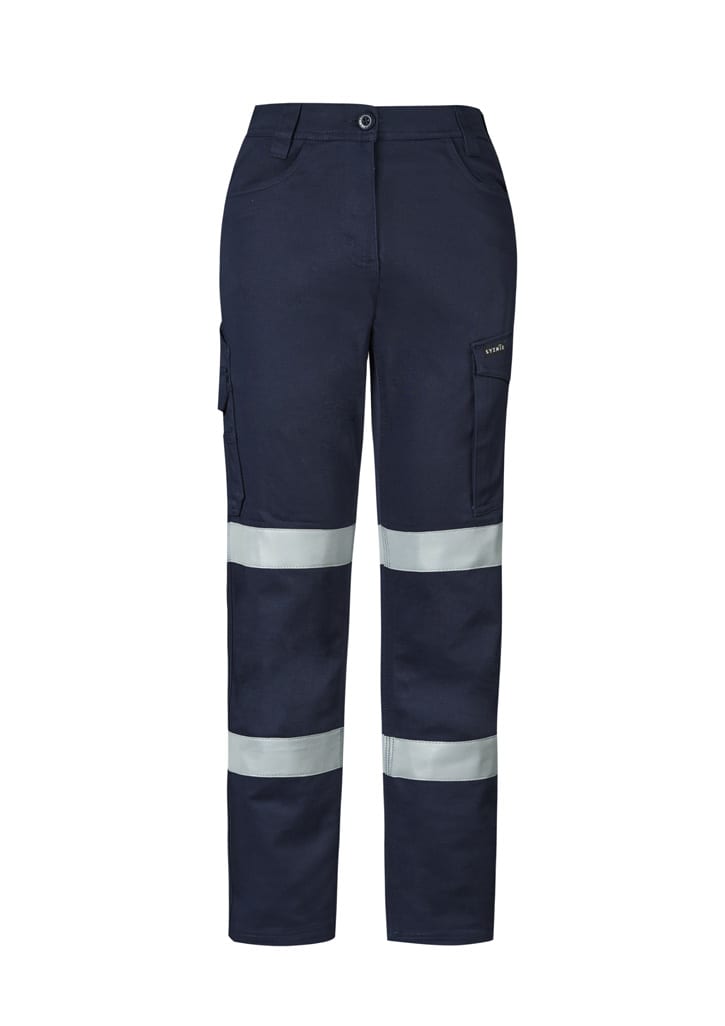 Navy cargo pants featuring reflective stripes and multiple pockets, with a logo on the front.