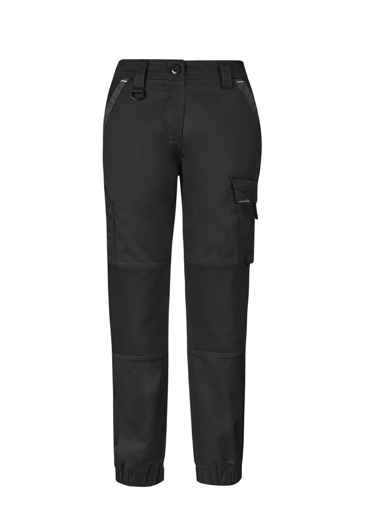 Womens Streetworx Tough Pant in black, featuring a cargo pocket and tapered cuffs, designed for workwear.