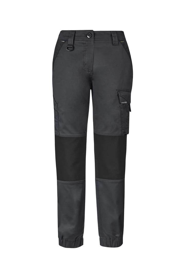 Women's streetwear tough pants in dark grey with black panel accents and a cargo pocket. Features a logo.