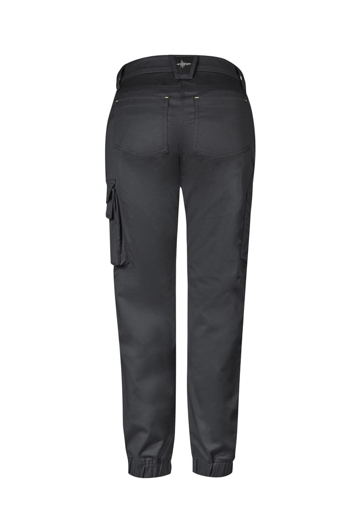 A pair of women's work pants in black with a fitted waistband and cargo pockets. Features branding on the back.