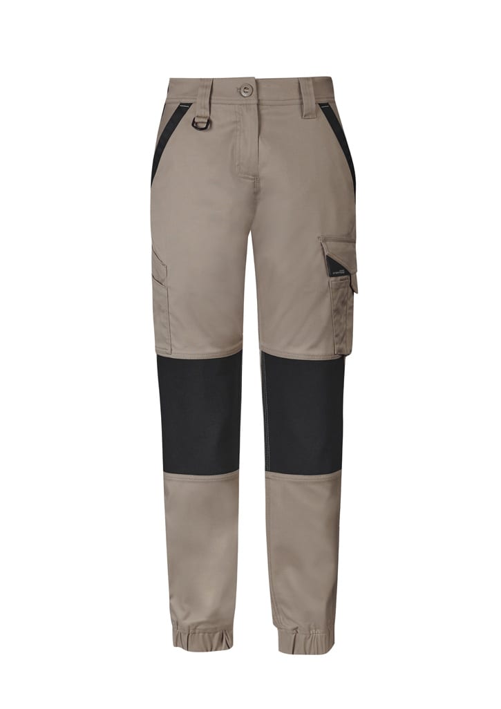 A pair of women's work pants in beige with black panels, featuring pockets and an elasticated cuff.