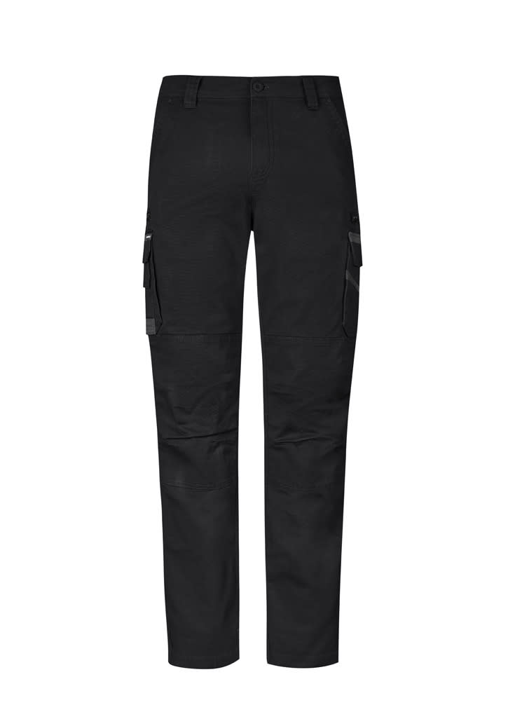 Black work pants featuring cargo pockets and a logo, designed for durability and comfort.