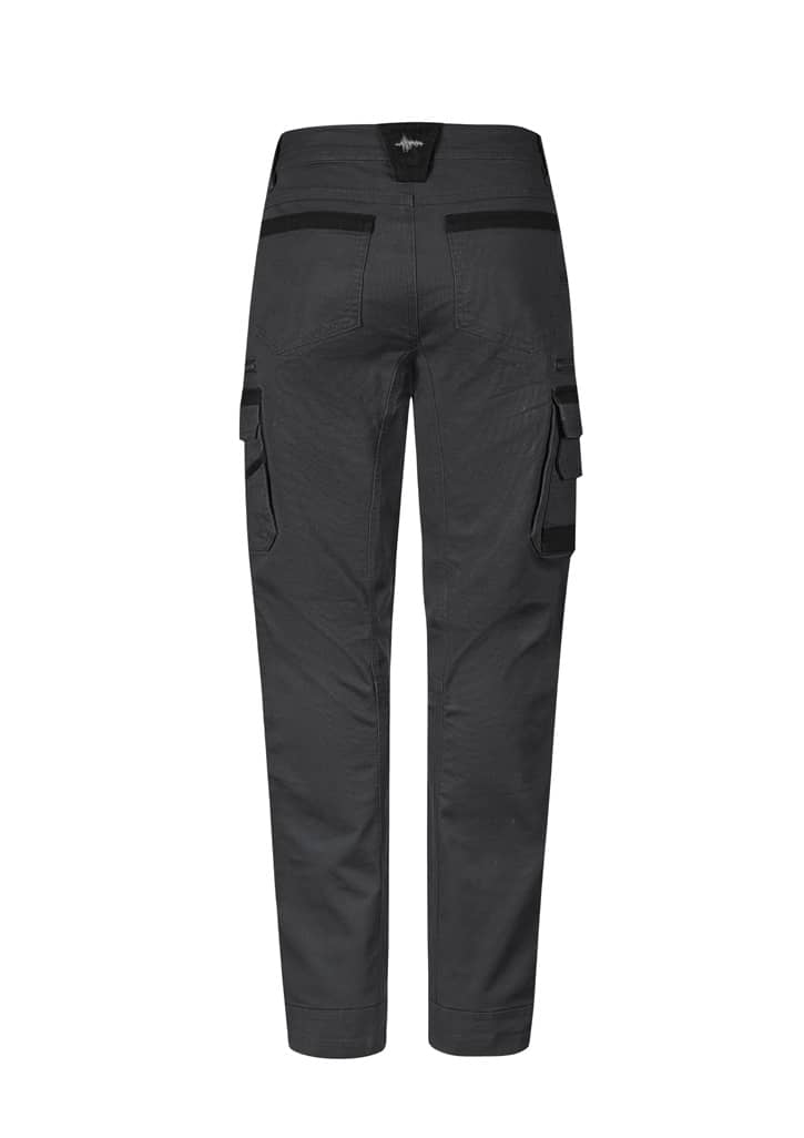 A pair of grey work pants with multiple pockets and a branded label on the back.