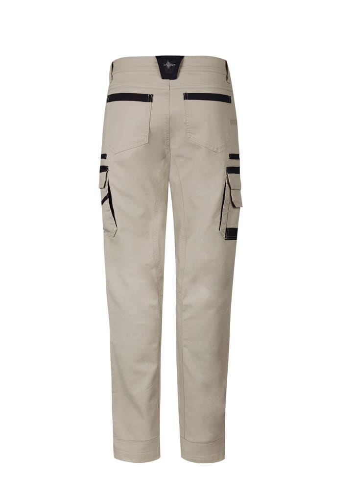 Light beige work pants featuring multiple pockets and a logo, designed for durability and practicality.